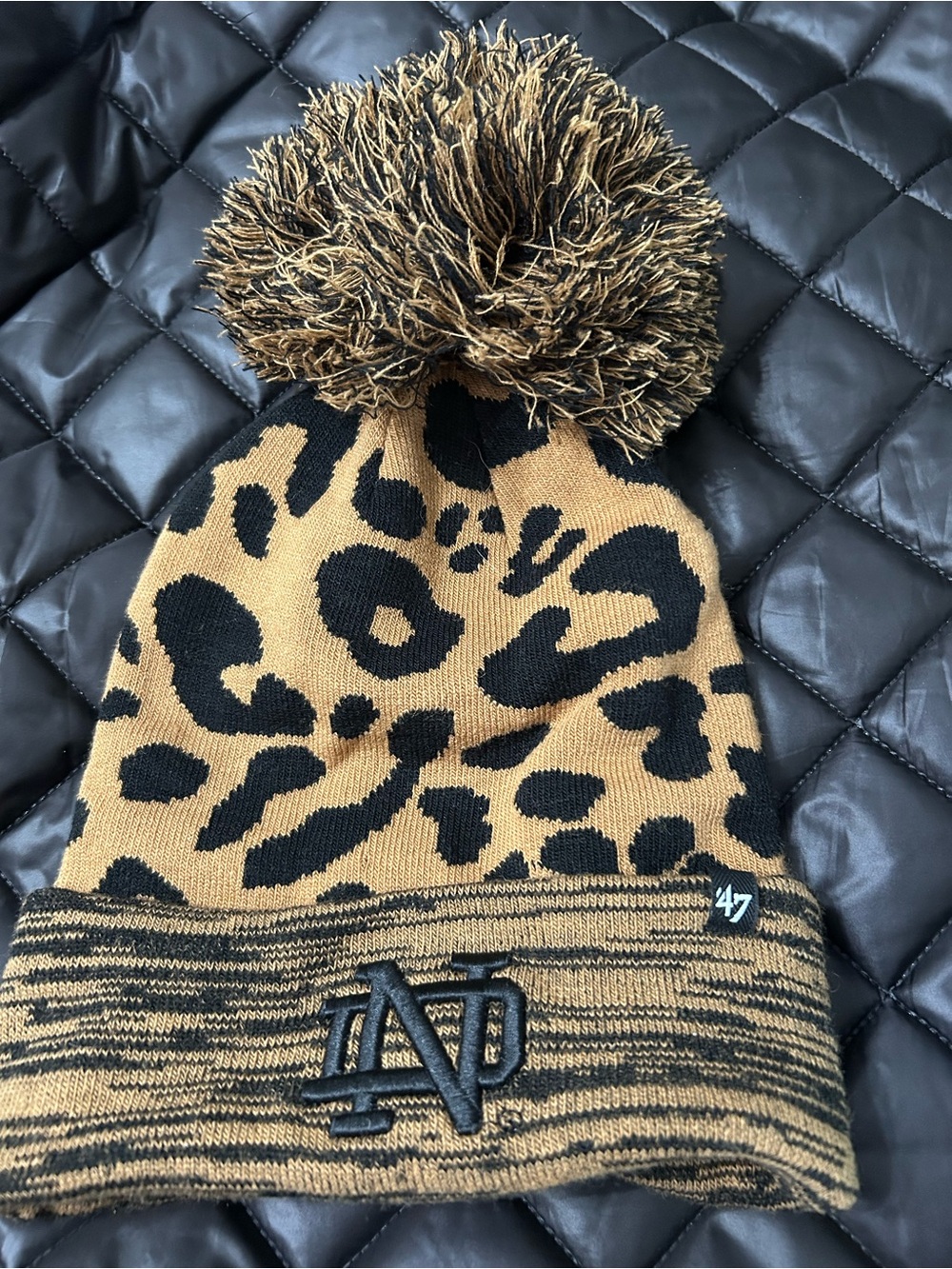 47 Womens Notre Dame Leopard Pom Beanie - Tan & Black